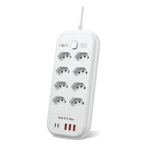 Oferta: Filtro de Linha 8 Tomadas 10A com 5 USB (2 USB-C + 3 USB-A), Extensão Elétrica Bivolt 110-220V, Potência 2500W, Cabo 2 Metros, Régua de Energia com Carregamento Rápido PD e QC - TekOfertas