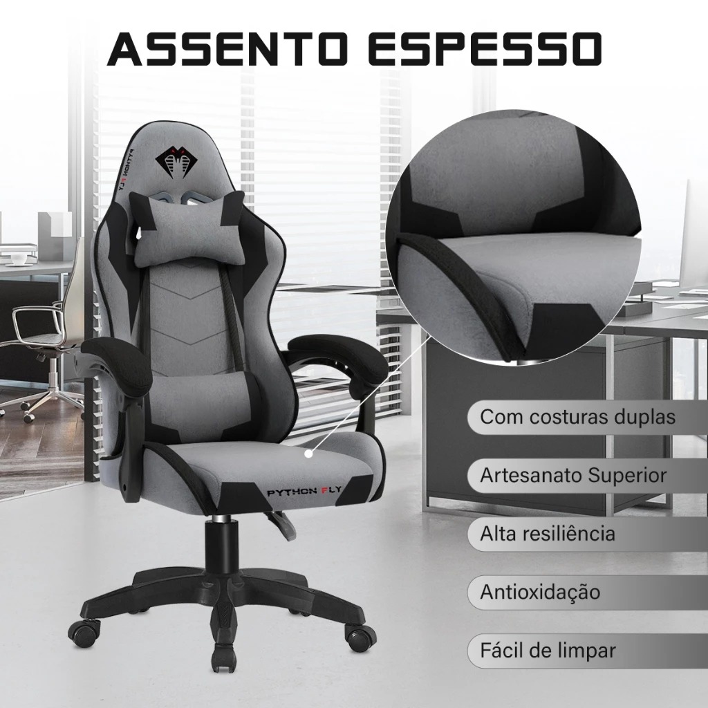 Oferta: Cadeira Gamer Ergonômica Reclinável Tecido Respirável - Suporte 150kg, Apoio Lombar e Pés, Base Metálica - TekOfertas