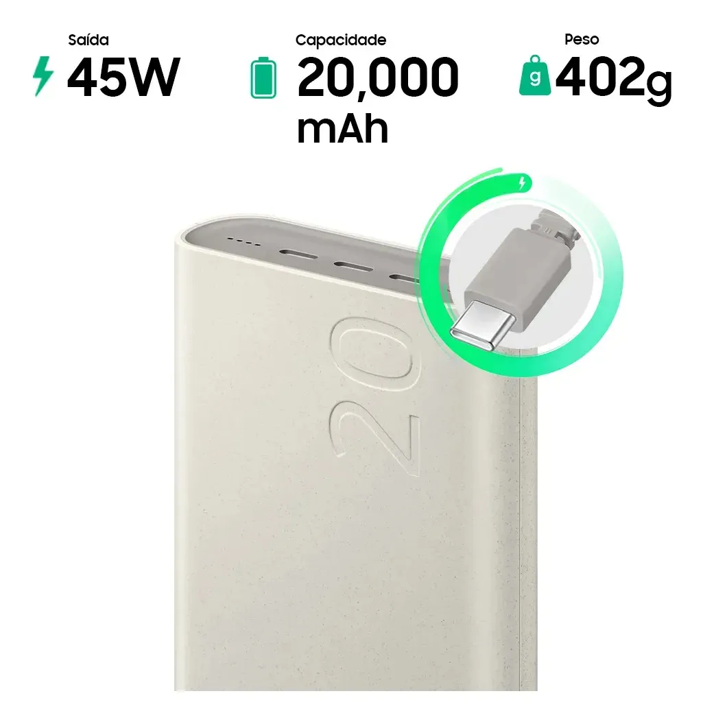 Oferta: Samsung Bateria Carregador Portatil 3x USB-C 20000mAh Super Rapida 45W EB-P4520X - Bege - TekOfertas