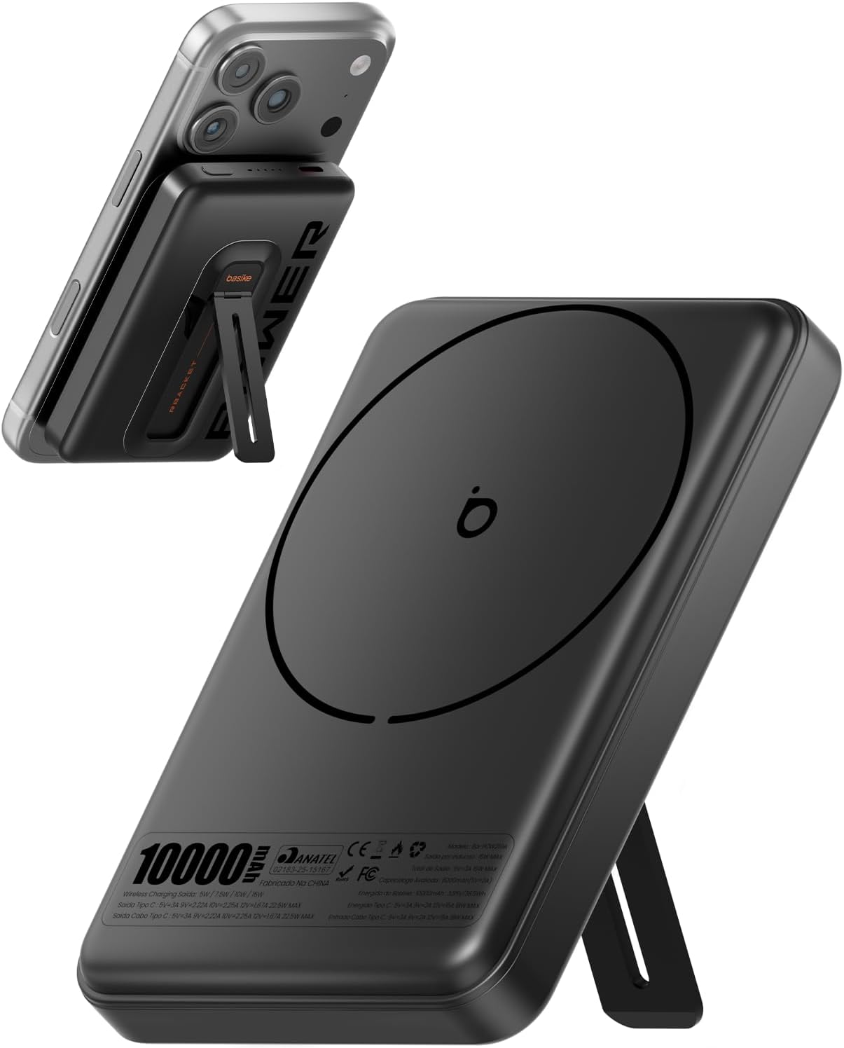 Oferta: Power Bank 10000mAh Indução, Basike Carregador Portatil com Carregamento Sem Fio 15W(MAX) + Cabo Tipo C 22.5W(MAX)– Bateria Externa com Suporte Integrado Universa Compatível com MagSafe (Preto) - TekOfertas