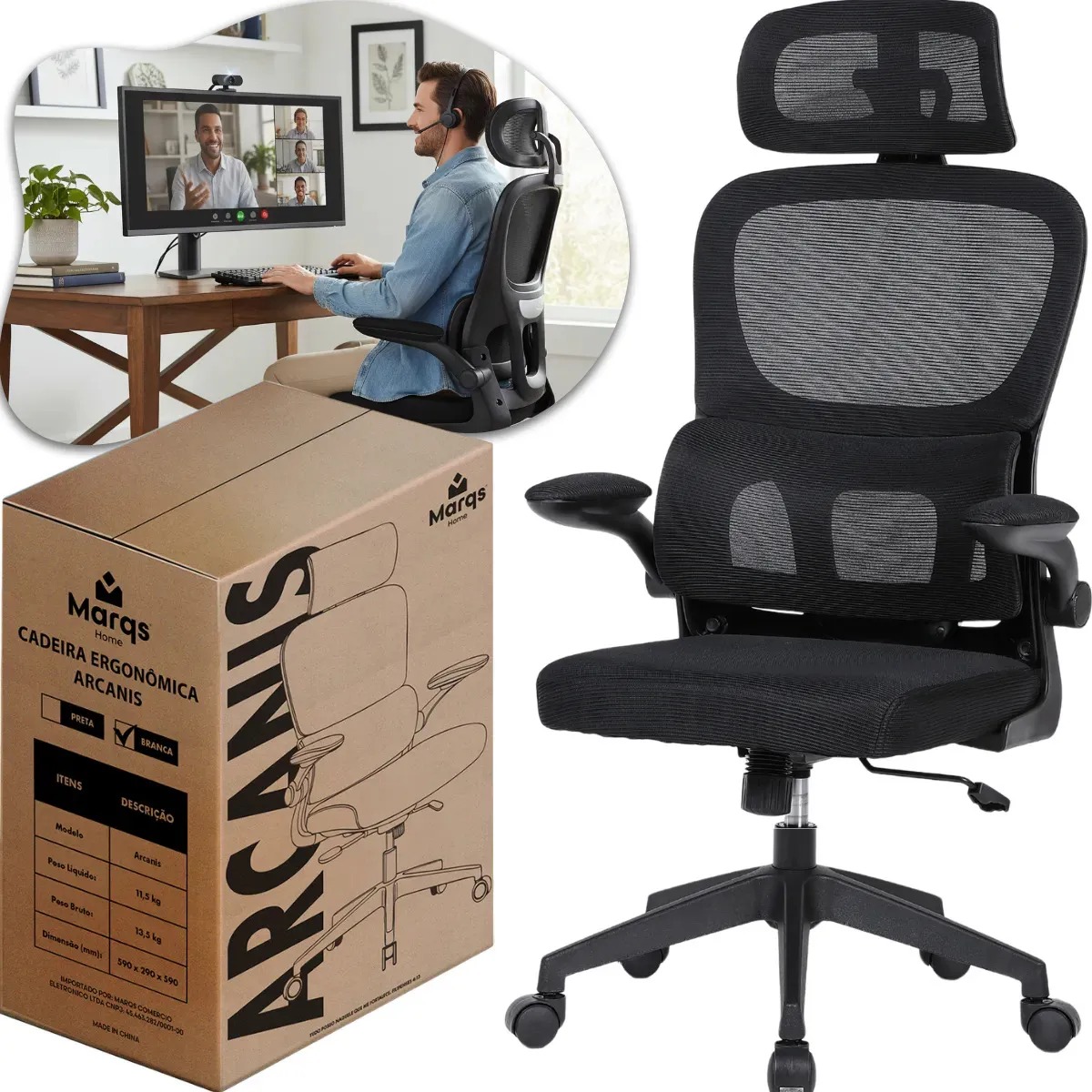 Oferta: Cadeira Escritório Presidente Ergonômica NR17 Marqs Home Arcanis Preta com Apoio Lombar e Encosto Mesh Premium - TekOfertas