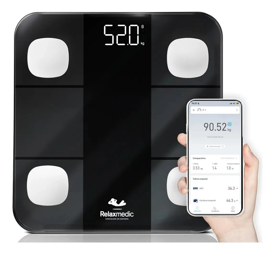 Oferta: Balança Digital Corporal Bioimpedância Aplicativo Bluetooth Relaxmedic - TekOfertas
